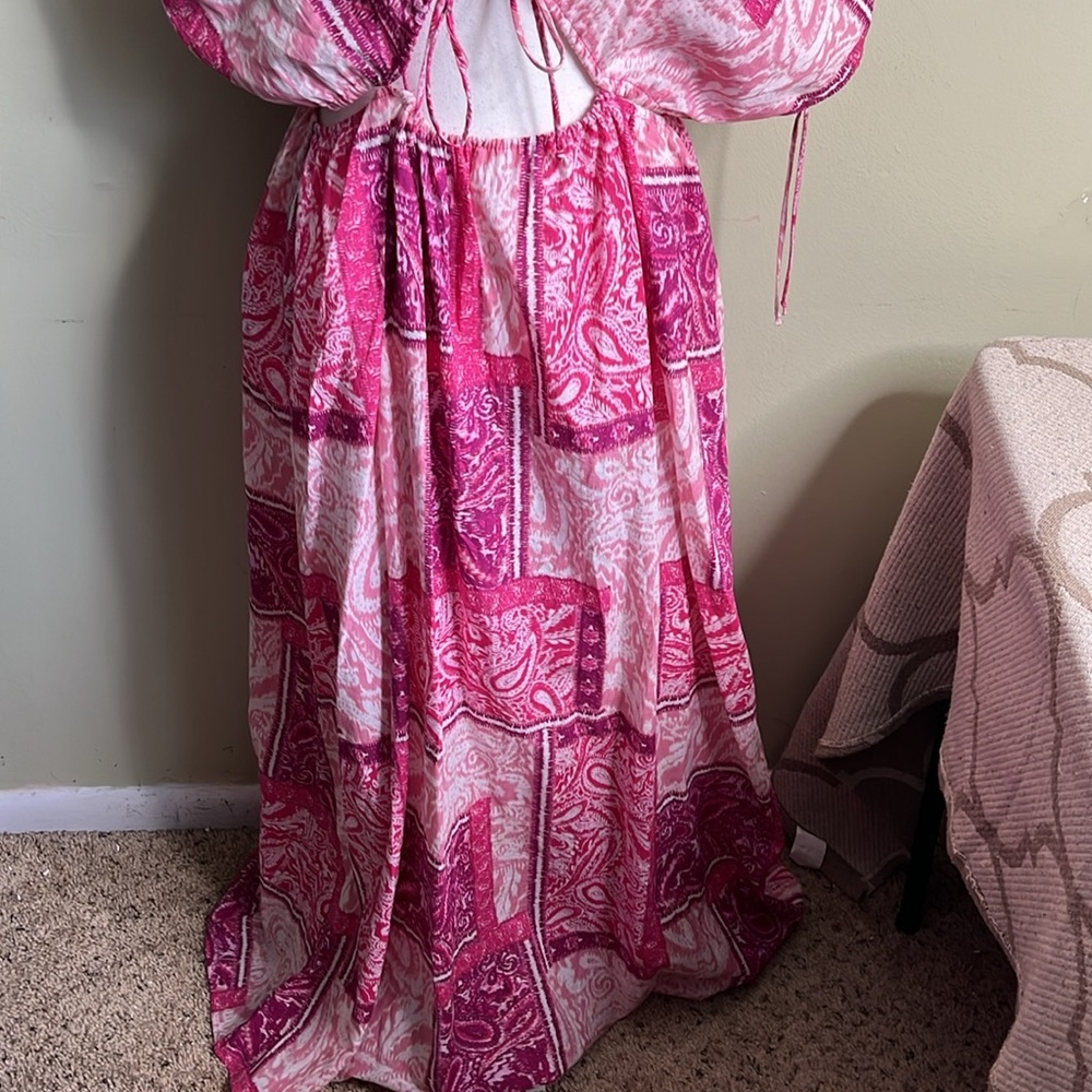 ZARA MAXI DRESS CUT OUT PATCHWORK PINK FUCHSIA LONG COTTON, 3709/917,size large - Picture 11 of 16